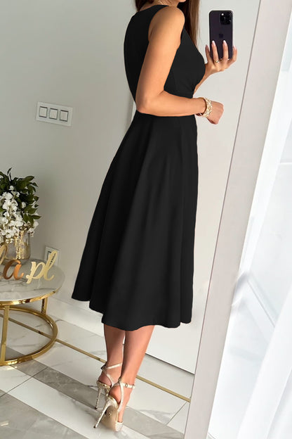 Fashion Solid Color Sleeveless V-Neck Shrink Pleated Hem Dress Wholesale Dresses