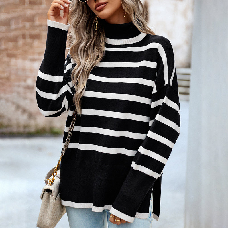 Striped Turtleneck Slit All-Match Knitted Sweater Wholesale Women'S Top