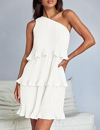 One-Shoulder Layered Stitching Hem Pleated Sleeveless Dresses Wholesale Womens Clothing N3824061200012