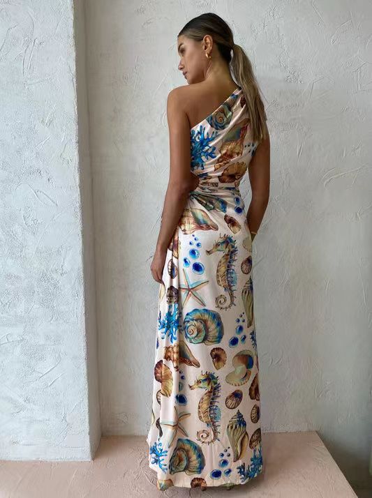 Sexy Slant Shoulder Drawstring Conch Print Split Long Dresses Wholesale Dresses