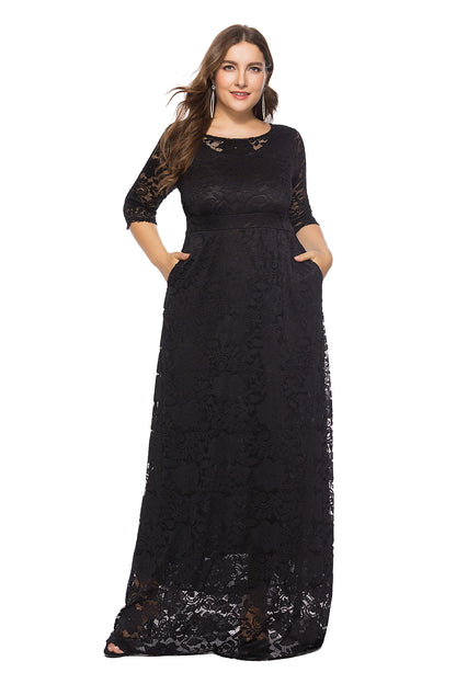 Plus Size Hollow Short Sleeve Lace Pocket Dress Evening Maxi Dresses Wholesale Womens Clothing N3824080300016