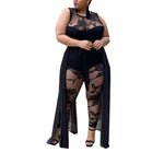 Sexy Flocked Jumpsuit Black Lace Women's Chiffon Suit Wholesale Plus Size Womens Clothing N3823091200038