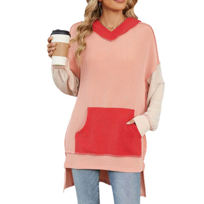 Contrast Pocket Long Sleeve Loose Hooded Sweatshirts Wholesale Womens Clothing N3824091200021