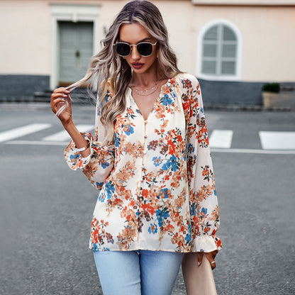 Button-Down Loose All-Match Long-Sleeved Floral Shirt Wholesale Women'S Top