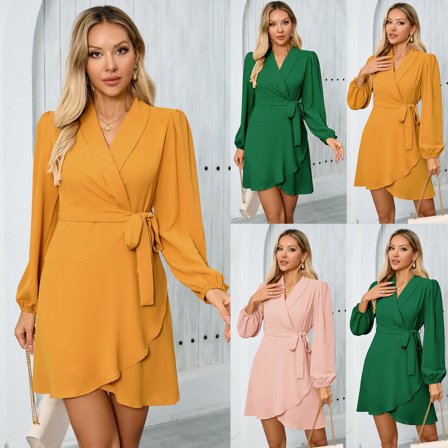 Elegant Long Sleeve Lapel Bifurcated Peplum Dresses Wholesale Womens Clothing N3824082300044