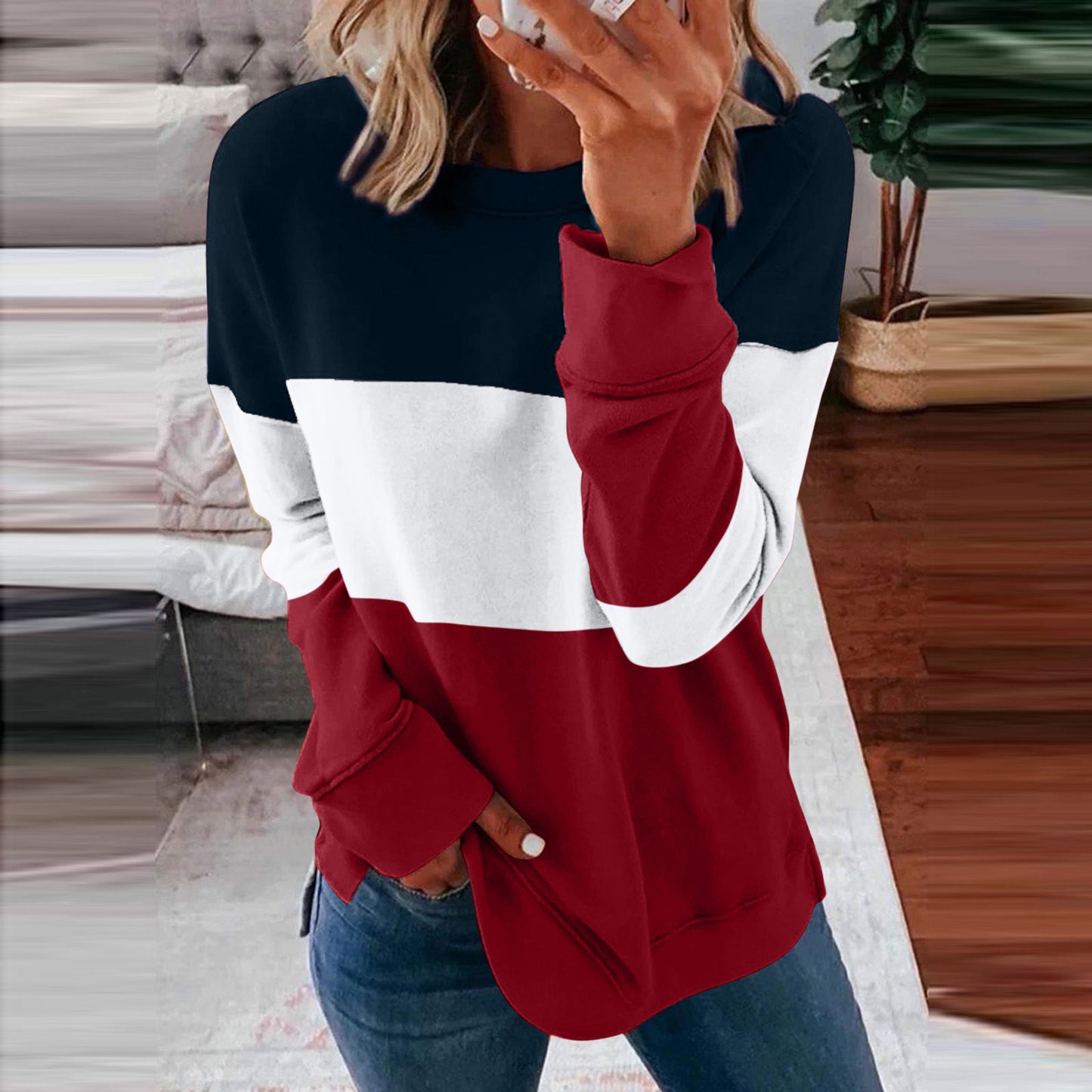 Patchwork Clash Top Drop Shoulder Long Sleeve Casual Pullover Sweatshirt Wholesale Womens Tops N3824091200004