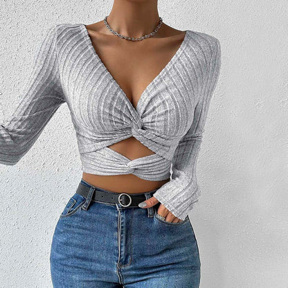 Sexy V-Neck Tops Navel-Baring Slim Cropped Tops Wholesale Womens Clothing N3824072000233