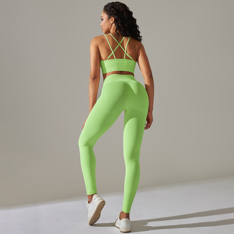 Seamless Tight Sports Crop Tops Breathable Leggings Solid Color Two-Piece Wholesale Womens Clothing