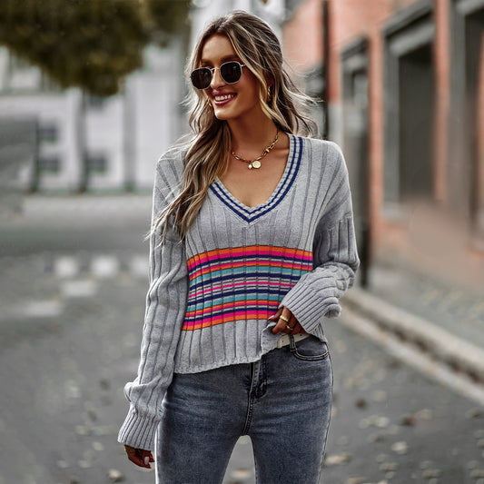 Casual Long Sleeve V-Neck Colorful Striped Sweater Wholesale Womens Tops