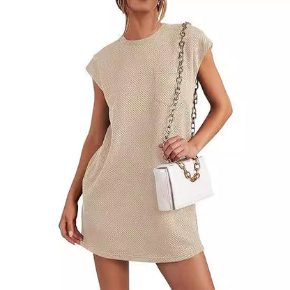 Jacquard Crew Neck Pocket Short Sleeve Loose Dresses Wholesale Womens Clothing N3824052000074