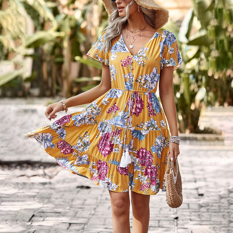 Casual Short-Sleeved Floral Print V-Neck Bohemian Vacation Short Dresses Wholesale Dresses