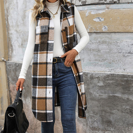 Lapel Plaid Long Jacket Vest Wholesale Womens Clothing N3824091200028