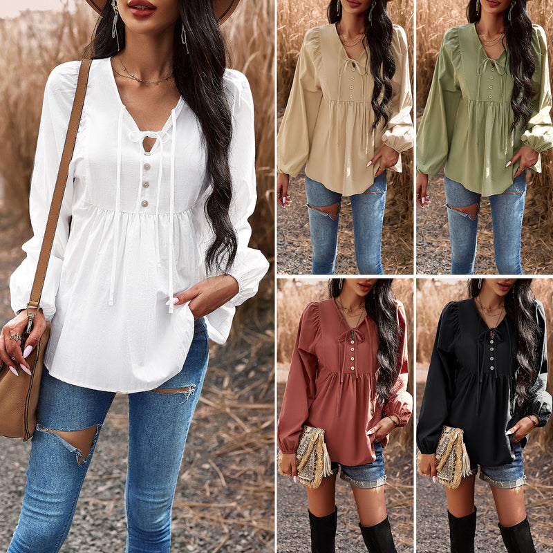 Temperament Solid Colour Long Sleeve V-Neck Tie Top Wholesale Womens Tops