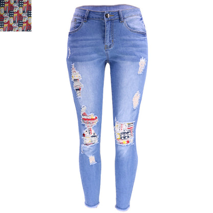 High Waisted Stretchy Painted Denim Pencil Calf Pants Wholesale Womens Clothing