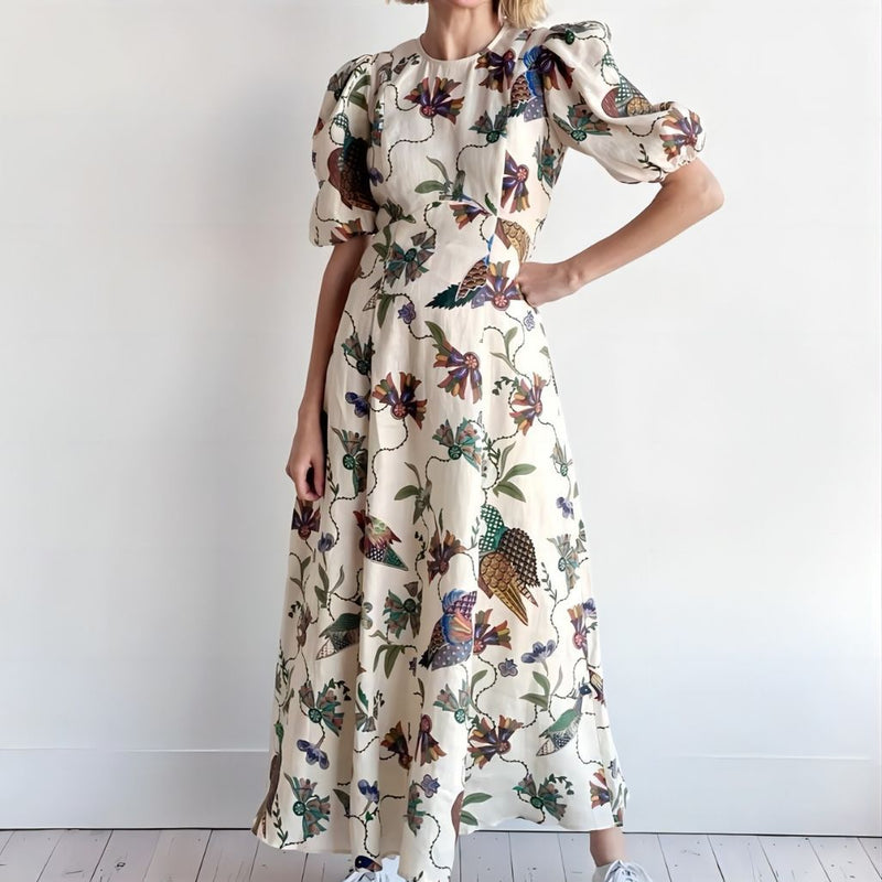 Fashion Bird Print Short Sleeve Round Neck Dress Wholesale Dresses