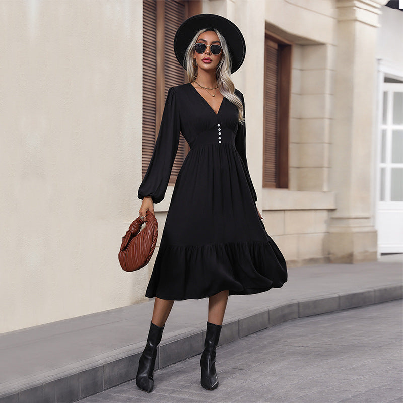 Solid Color V-Neck Waist Long Sleeve Dresses Wholesale Womens Clothing N3824082900005