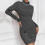 Sexy Backless High Neck Long Sleeve Knit Striped Dress Wholesale Dresses