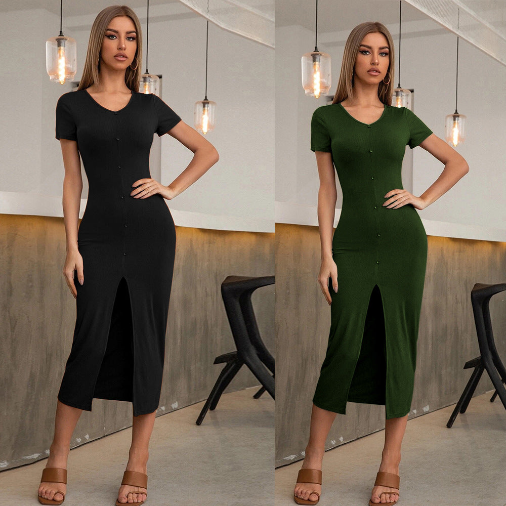 Sexy Slim Split Button Down Pullover Knit Midi Dress Wholesale Dresses