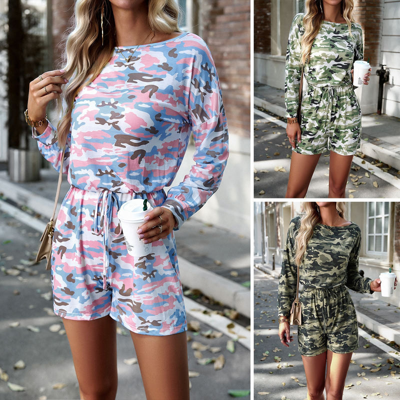 Casual Long Sleeve Camouflage One-Piece Shorts Wholesale Jumpsuits