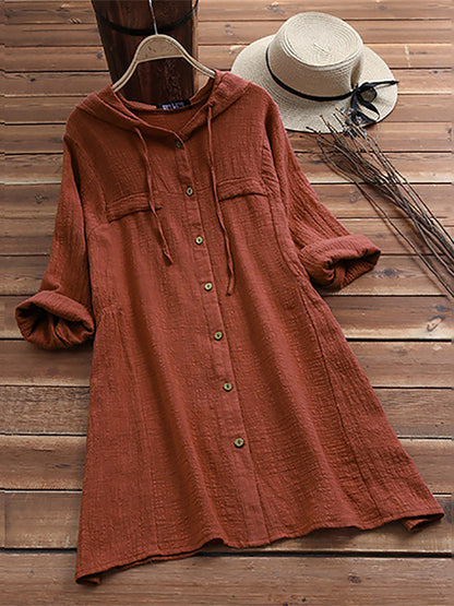 Hooded Loose Button Mid Length Long Sleeve Shirts Wholesale Womens Clothing N3824091200014