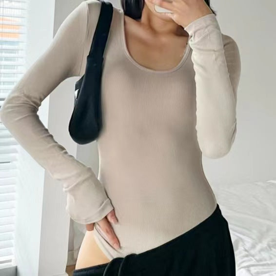 U-Neck Solid Color Long-Sleeved Knitted Bodysuits Wholesale Womens Clothing
