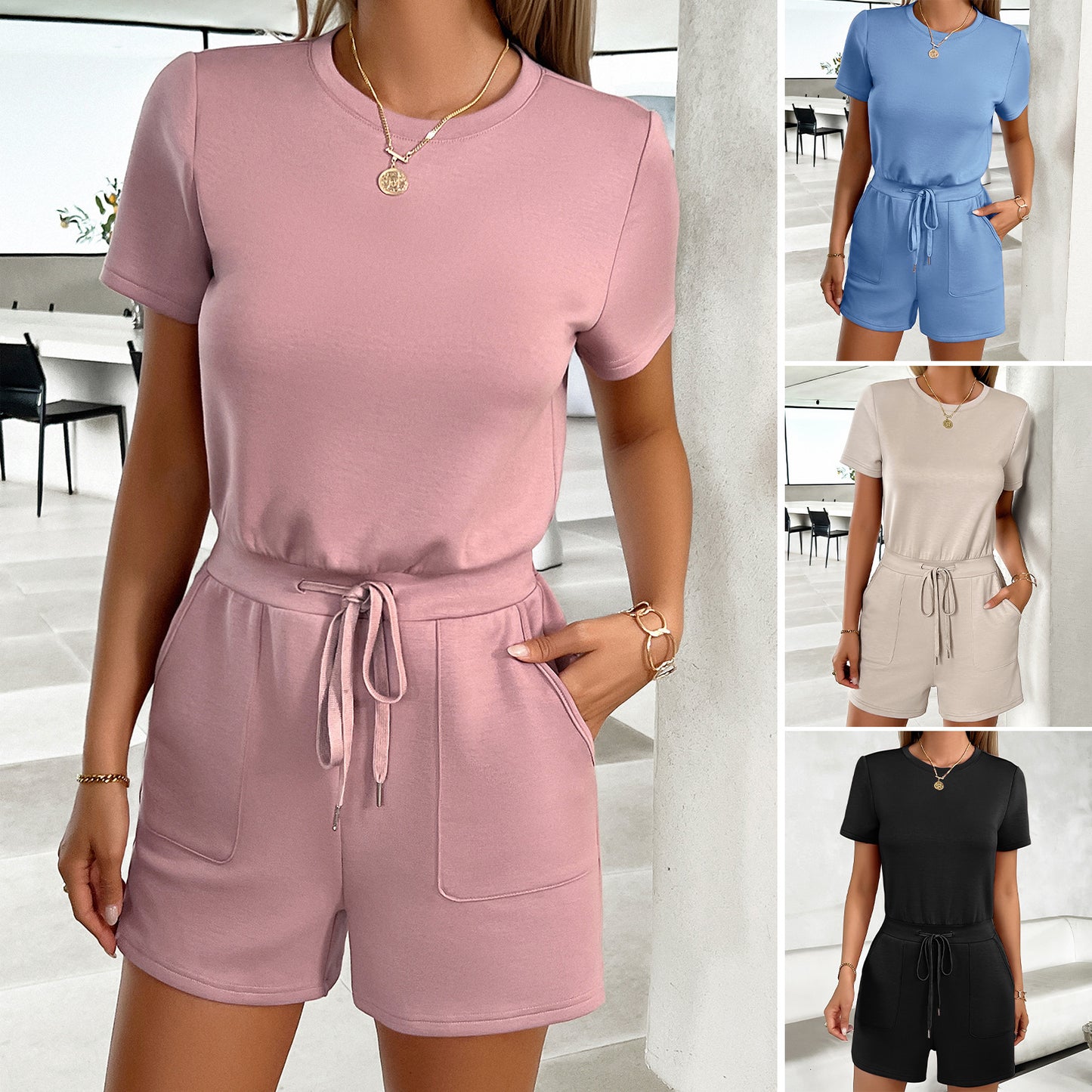 Casual Solid Color Shorts Sleeve Rompers & Jumpsuits Wholesale Womens Clothing N3824060600060