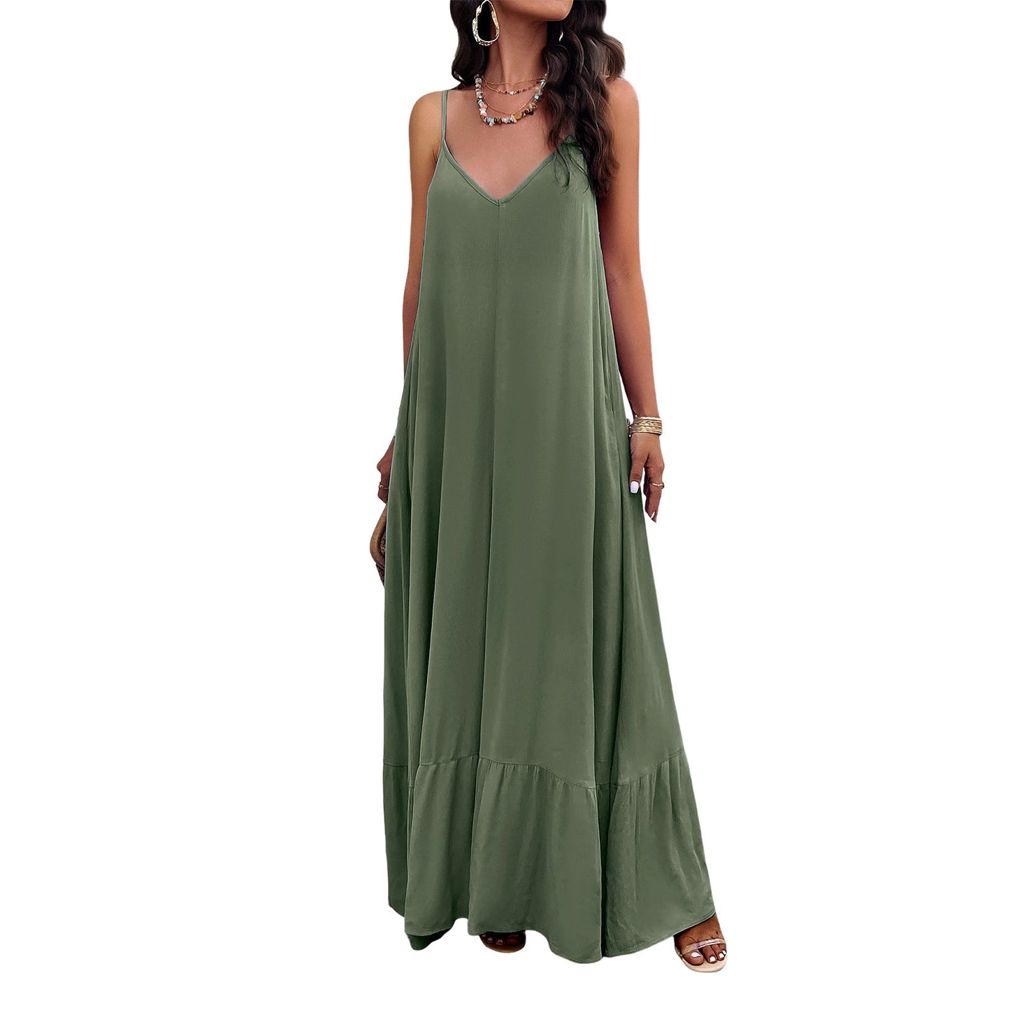 Elegant Solid Color Sling Maxi Dresses Wholesale Womens Clothing N3824040100132