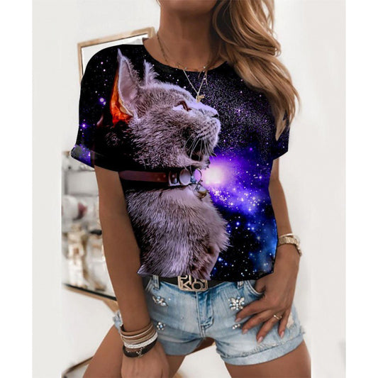 Short Sleeve Cute Cat Cartoon Round Neck Printed T-Shirt Wholesale Women'S Top