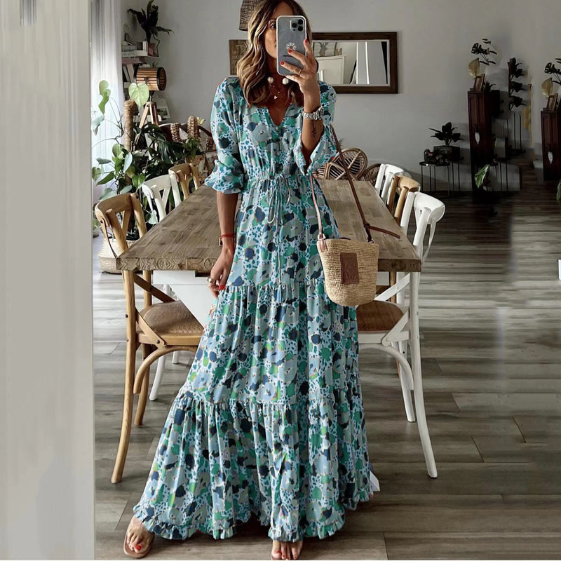 Casual Lantern Sleeves V-Neck Flower Print Lace-Up Long Dress With Large Hem Wholesale Dresses