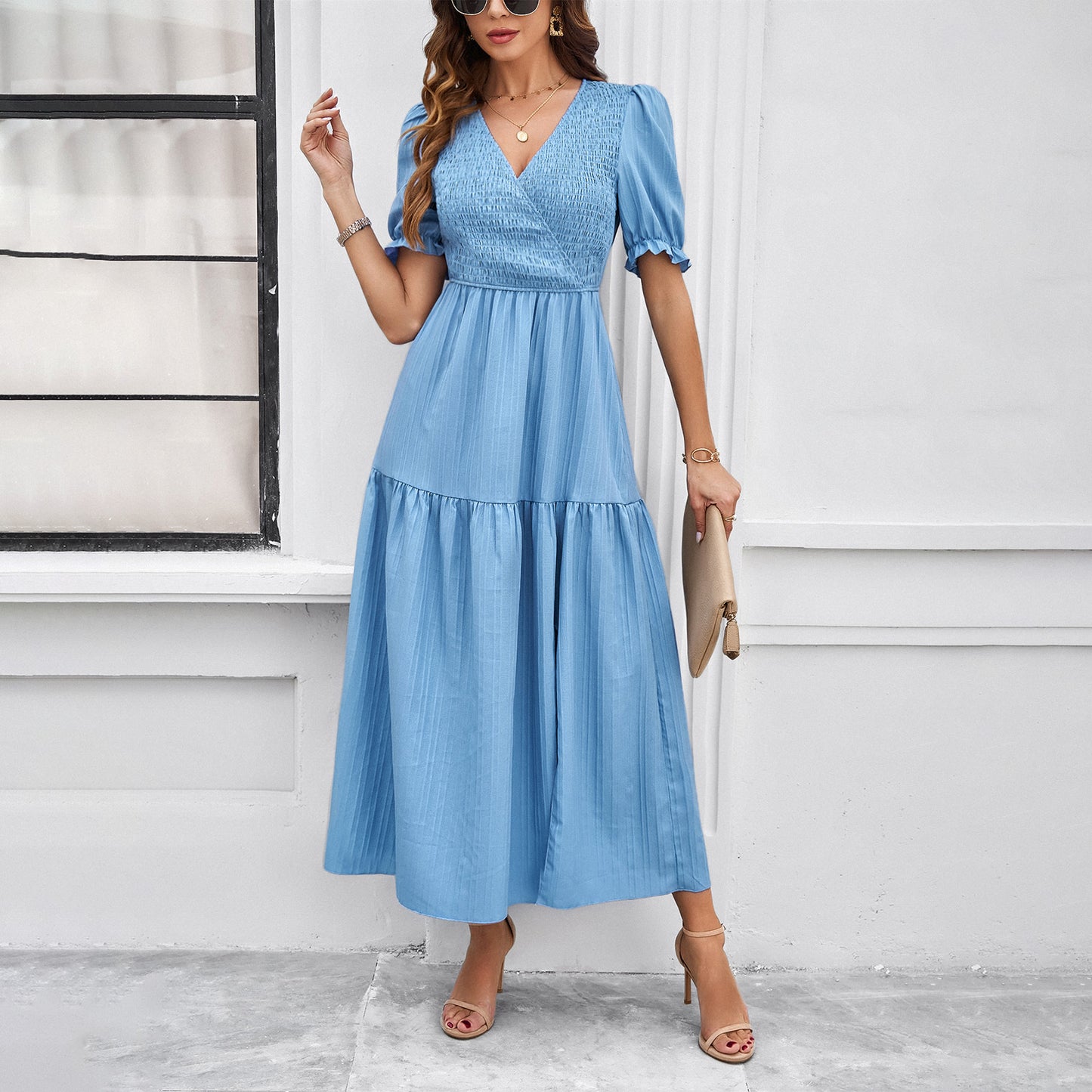 Solid Color Shirred V Neck Short Sleeve Maxi Dresses Wholesale Womens Clothing N3824040100118