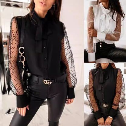 Fashion Mesh Patchwork Button Bow Shirt Tee Wholesale Womens Tops N3824091200002