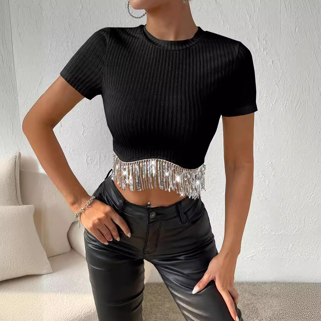 Short Sleeve Fashion Slim Fit Sequined Tassel Crop Tops Wholesale Womens Clothing N3824052000020