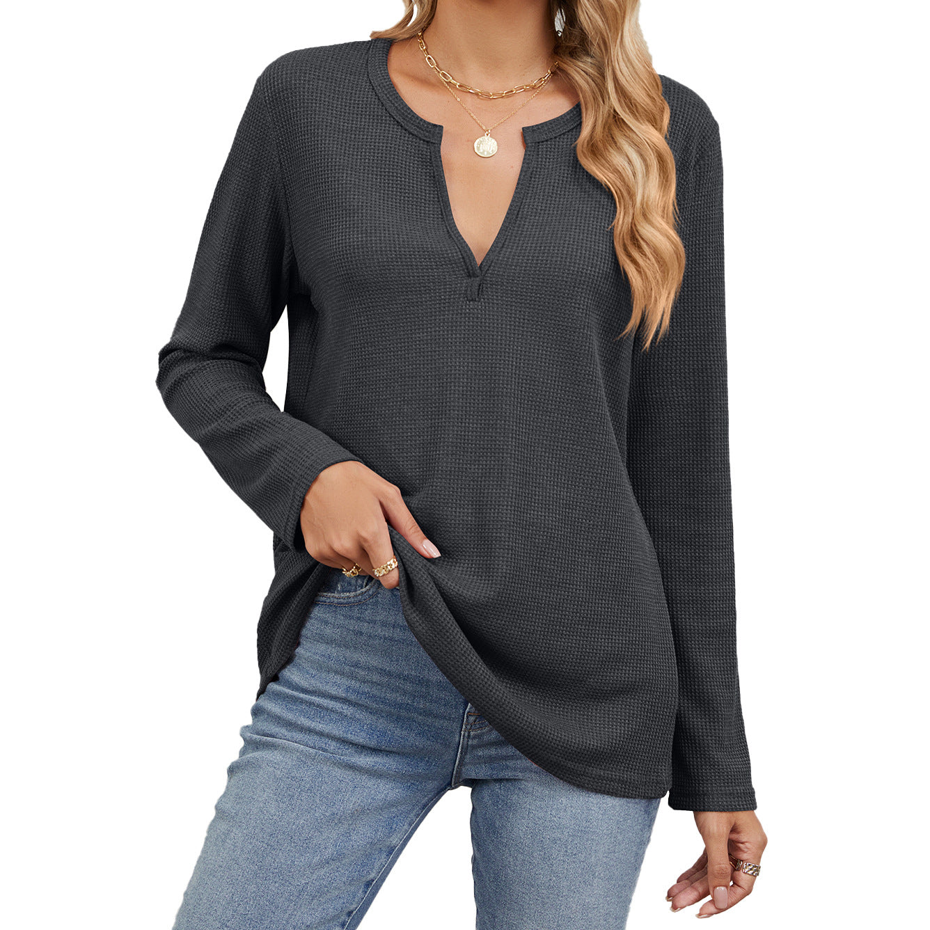 Loose V-Neck Long-Sleeved Solid Color Casual T-Shirts Wholesale Womens Clothing N3824091200017