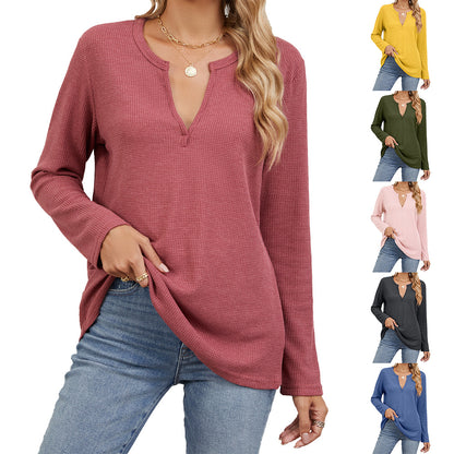 Loose V-Neck Long-Sleeved Solid Color Casual T-Shirts Wholesale Womens Clothing N3824091200017