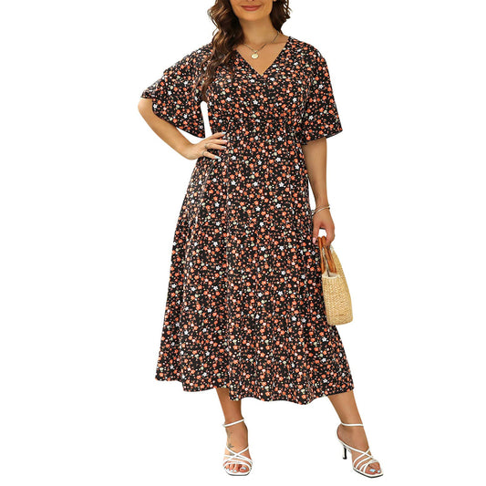 Plus Size V-Neck Petite Floral Flared Short Sleeve Waist Dresses Wholesale Plus Size Womens Clothing N3824052500003