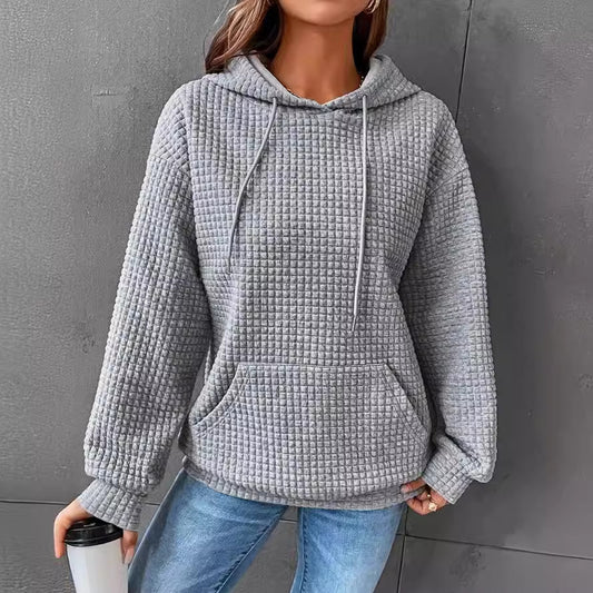 Waffle Round Neck Long Sleeve Hooded Sweatshirt Solid Color Tops Wholesale Womens Clothing N3824070900033