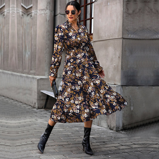 Floral Lapel Long Sleeve Midi Dresses Wholesale Womens Clothing N3824070500035