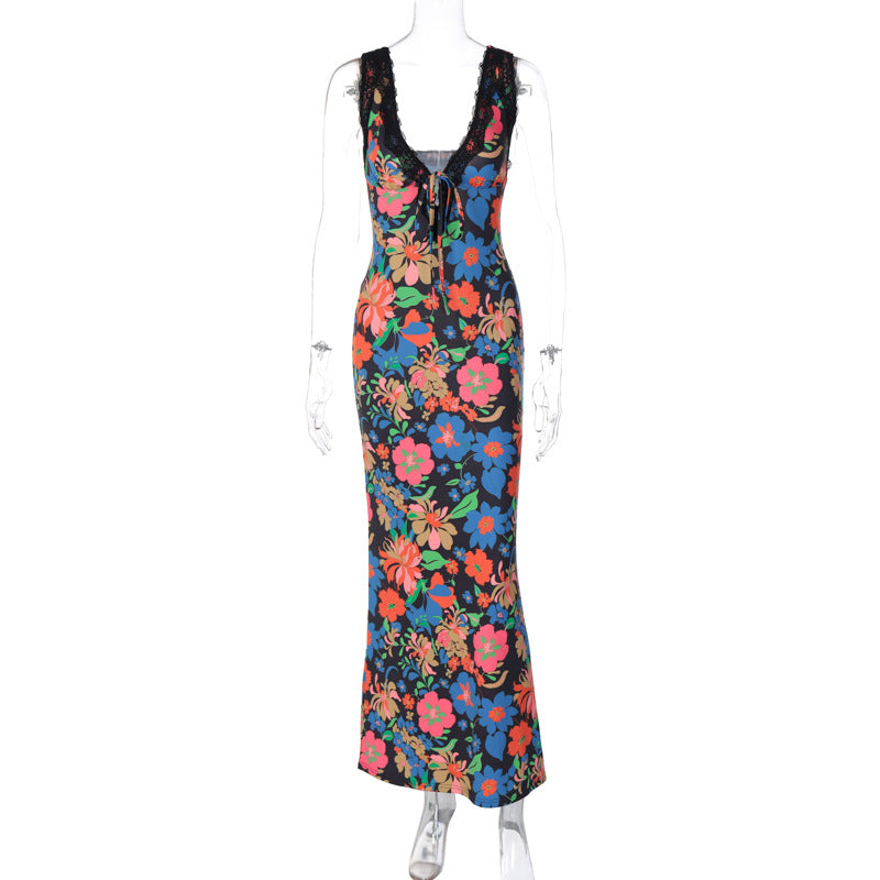 Flower Print Deep V Stitching Lace Tie Dress Wholesale Dresses