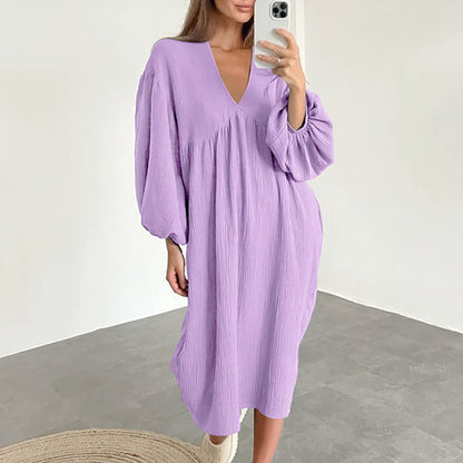 Puff Sleeve V-Neck Crepe Cotton Loose Casual Dresses Wholesale Womens Clothing N3824071000003