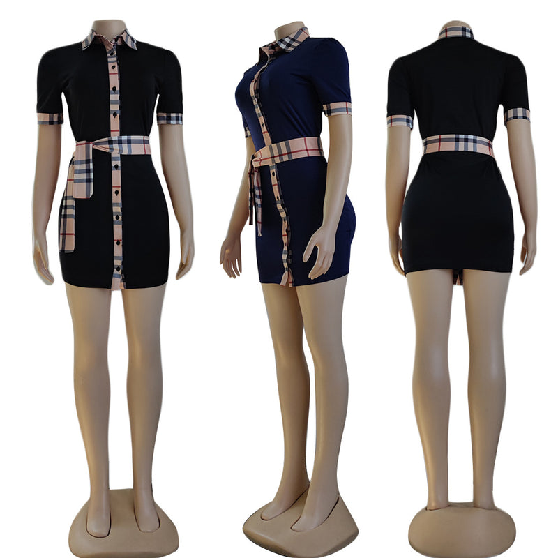 Casual Lapel Plaid Short Sleeve Shirt Dress Wholesale Dresses