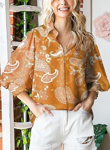 Long-Sleeved Printed Blouses With Lapel And Lantern Sleeves Wholesale Womens Tops N3824091200175