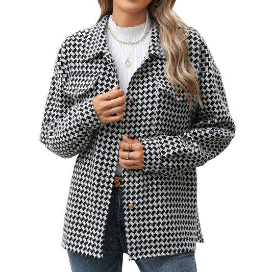 Houndstooth Lapel Loose Long Sleeve Pocket Tweed Jacket Wholesale Womens Clothing N3824082900031