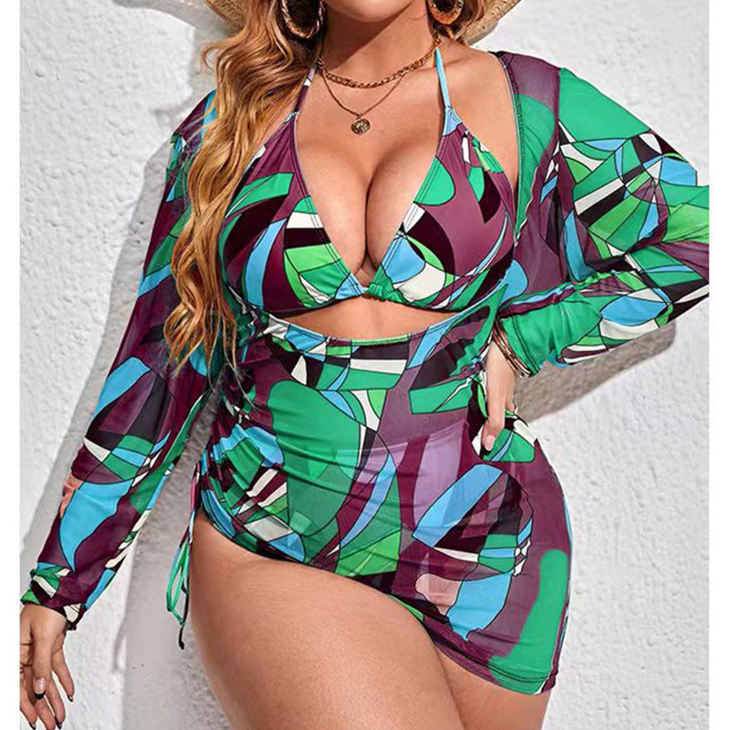 Wholesale Women Plus Size Clothing Printed Mesh Blouse Beach Swimsuit Split Three-Piece Set