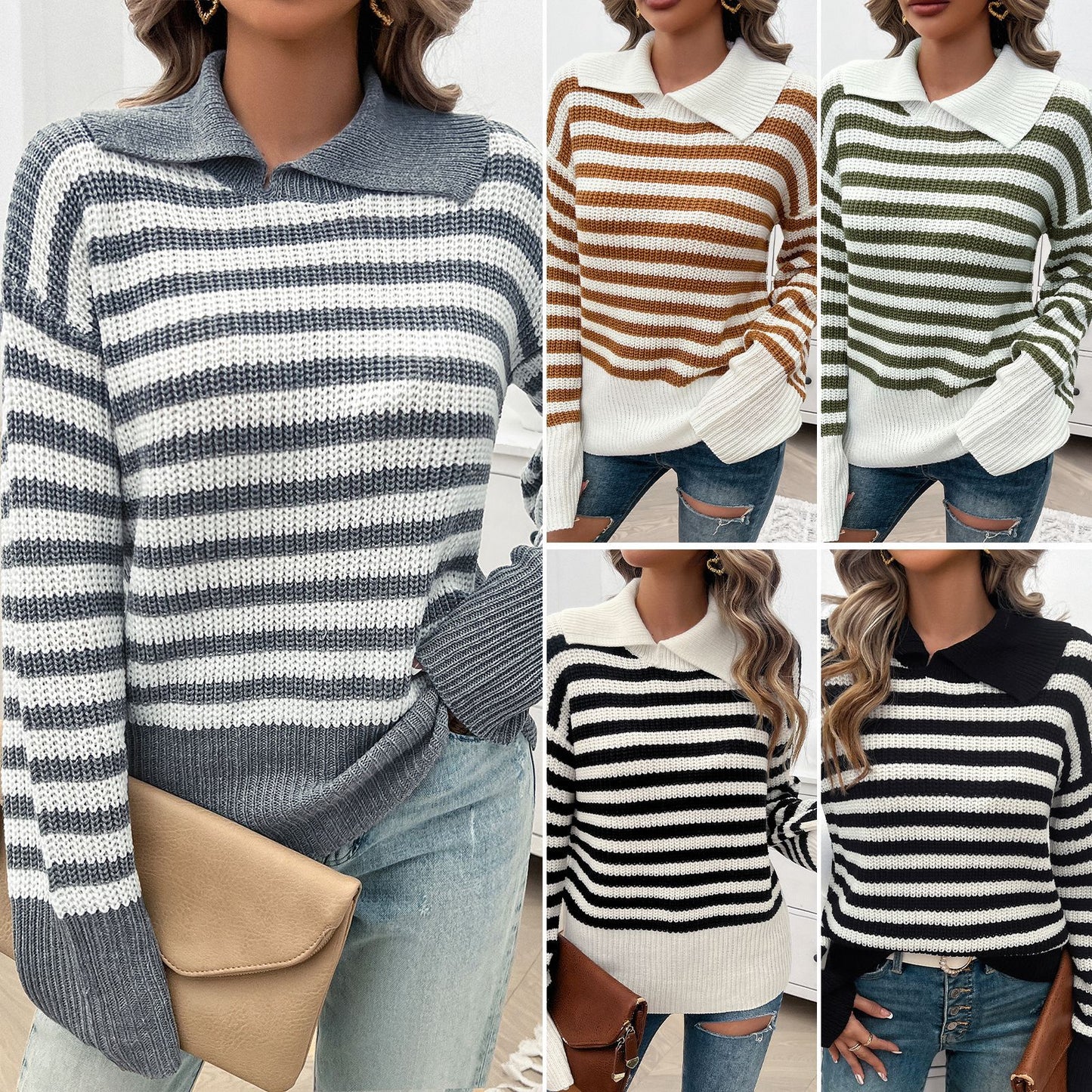 Casual Loose Lapel Striped Long Sleeve Sweater Wholesale Womens Clothing N3824062400023