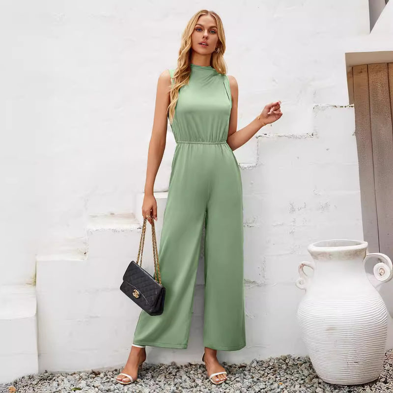 Stacked Neck Solid Color Sleeveless Jumpsuit Wholesale Womens Clothing N3824050700069