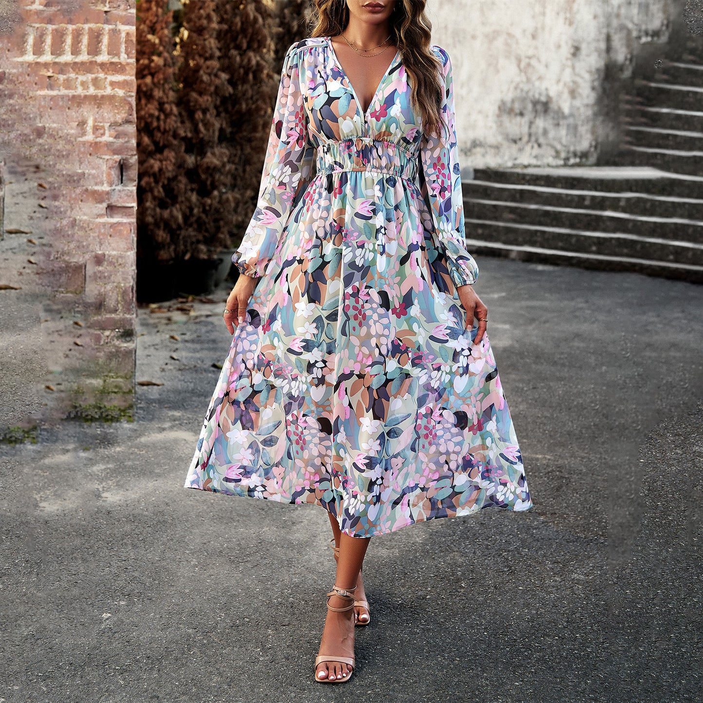 Bohemian Vacation Casual Floral Print V-Neck Maxi Dress Wholesale Dresses