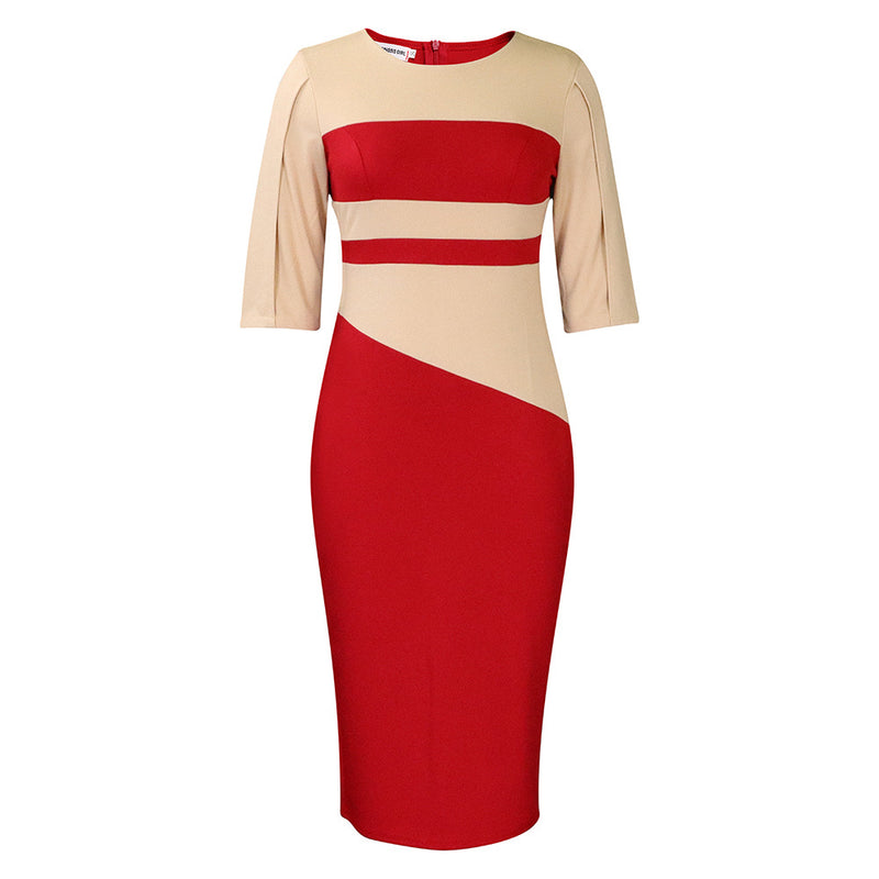 Fashion Five-Quarter Sleeve Color Blocking Hip Dress Wholesale Dresses