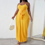 Wholesale Plus Size Clothing Casual Solid Color Tie Belt Belt Thin Knitted Camisole Dress
