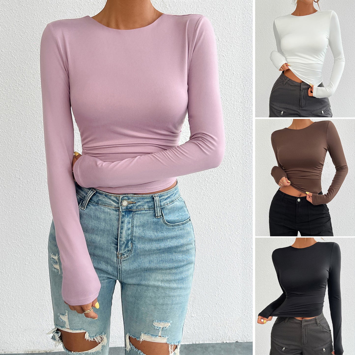 Slim Fit Round Neck Long Sleeve Tops Wholesale Womens Clothing N3824072300003