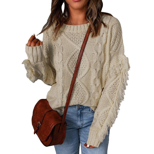 Loose Solid Color Long Sleeve Ribbed Tassel Crew Neck Knit Sweater Wholesale Womens Tops